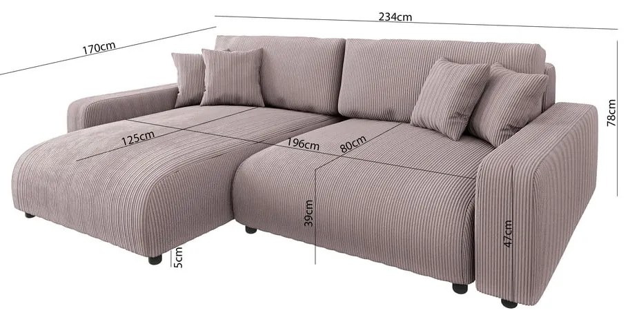 Colțar roz deschis extensibil cu tapițerie din catifea reiată (cu colț variabil) Sara – Ropez