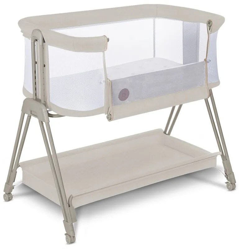 Patut co-sleeper, Lionelo, Luna, 2 in 1, Cu laterala culisanta, Cu setare unghiulara, Cu roti, Reglabil in 6 pozitii pe inaltime, Bej