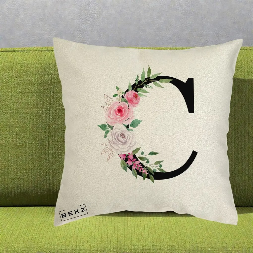Cadou Personalizat - Perna Personalizata Monograma Florala Litera C, 40x40 cm, Ecru, Husa Detasabila, Perna Inclusa, BEKZ®