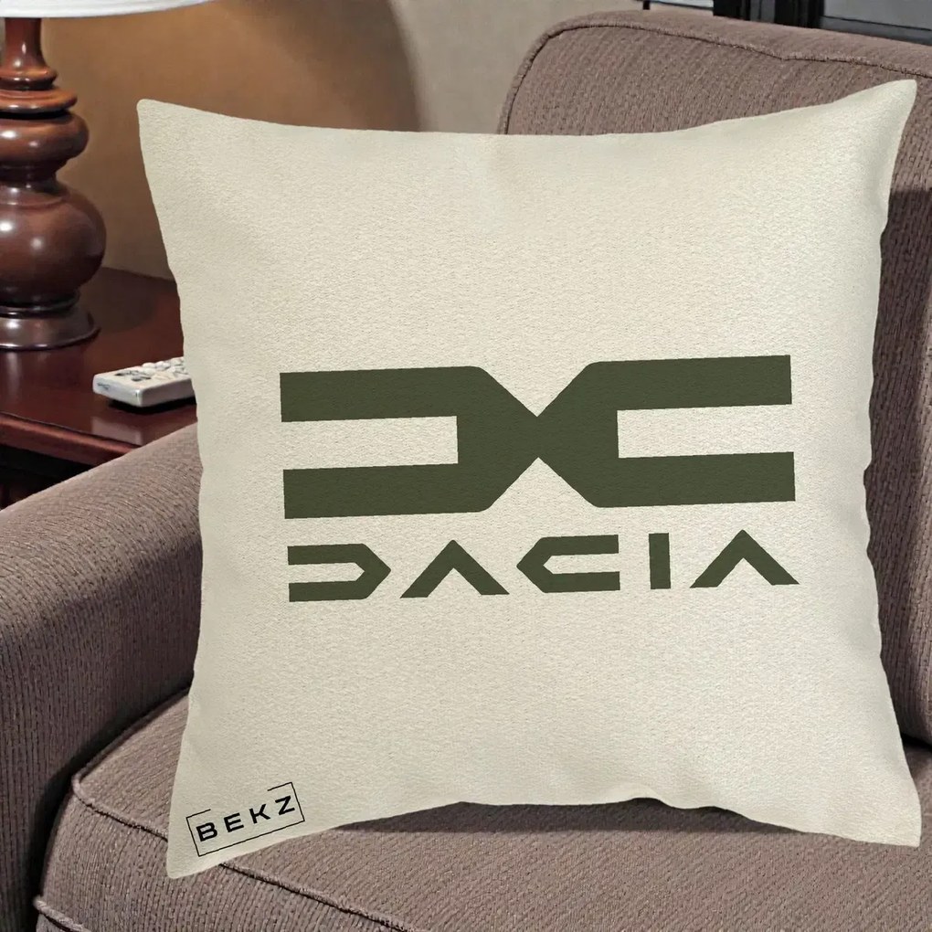 Perna Personalizata cu emblema Dacia, 40x40 cm, Ecru, Husa Detasabila, Perna Inclusa, BEKZ®