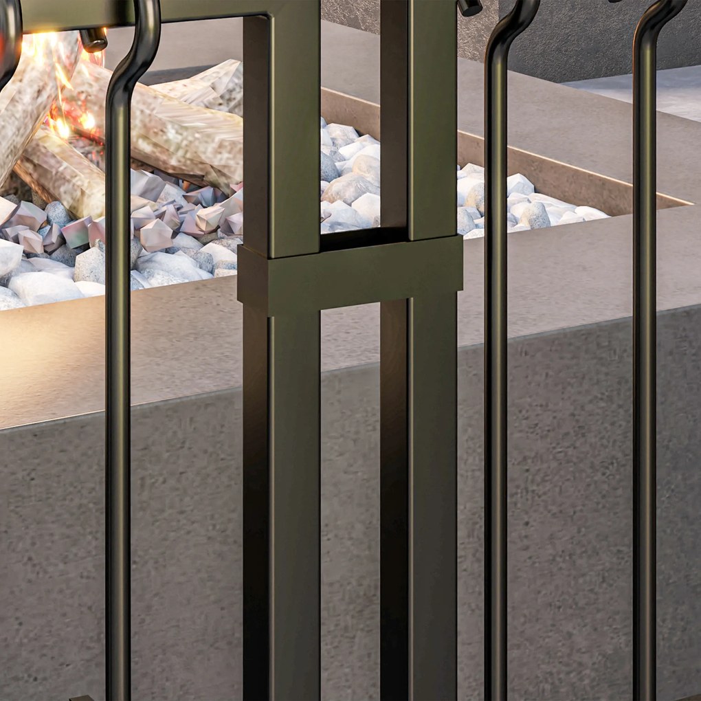 Outsunny Set servitor pentru șemineu 5 piese, unelte pentru șemineu, din metal, mătură, lopată, clește, tisonier și suport, negru | Aosom Romania