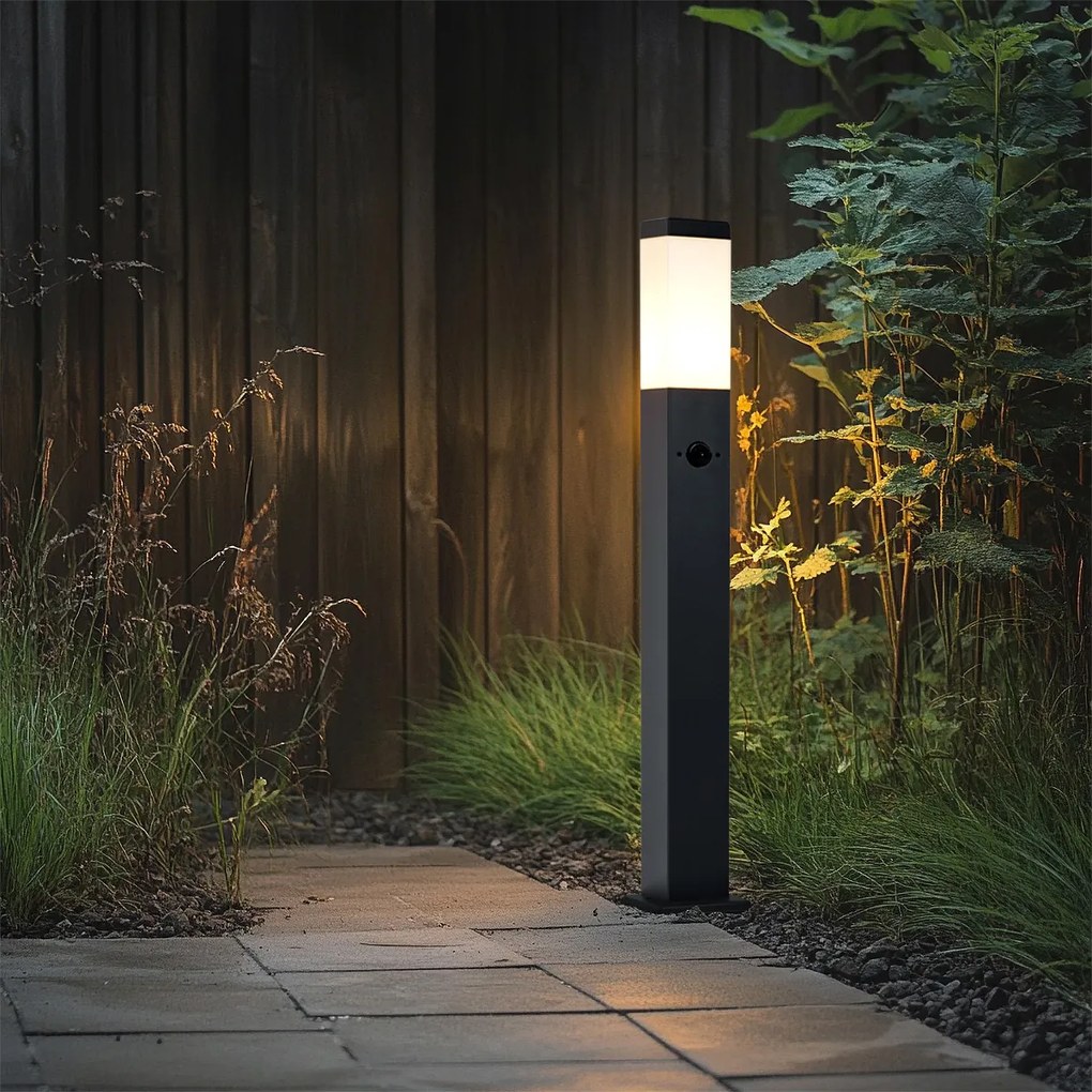 Lampă de exterior gri închis cu sticlă opal 80cm IP44 cu priză și senzor de mișcare - Malios