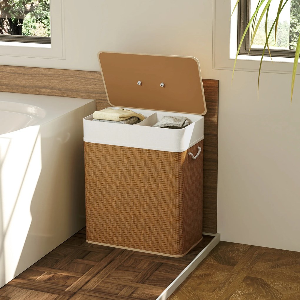 HOMCOM Coș de rufe dublu cu capac, coș de rufe din bambus 100 L cu mânere din frânghie | Aosom Romania