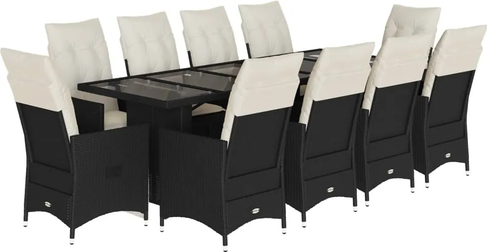 vidaXL Set bistro de grădină, 11 piese, cu perne, negru, poliratan