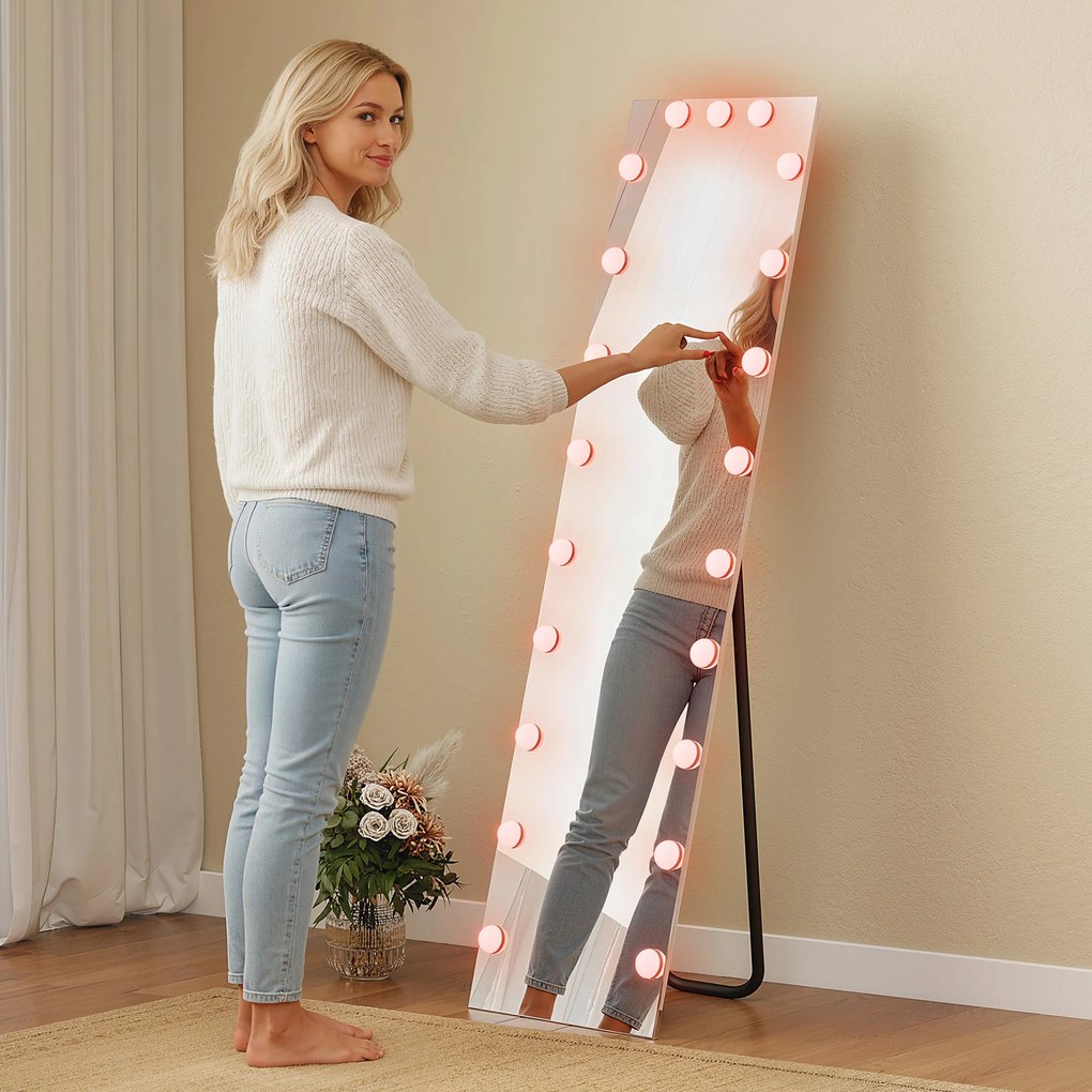 HOMCOM Oglindă pentru corp întreg 150x40 cm LED RGB, oglindă de podea cu 21 becuri, 7 culori, buton tactil, funcție memorie | Aosom Romania