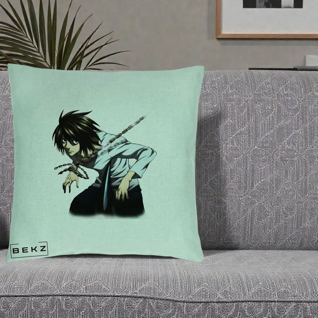 Perna Personalizata Death Note L Lawliet Lanturi, 40x40 cm, Verde Menta, Husa Detasabila, Perna Inclusa, BEKZ®