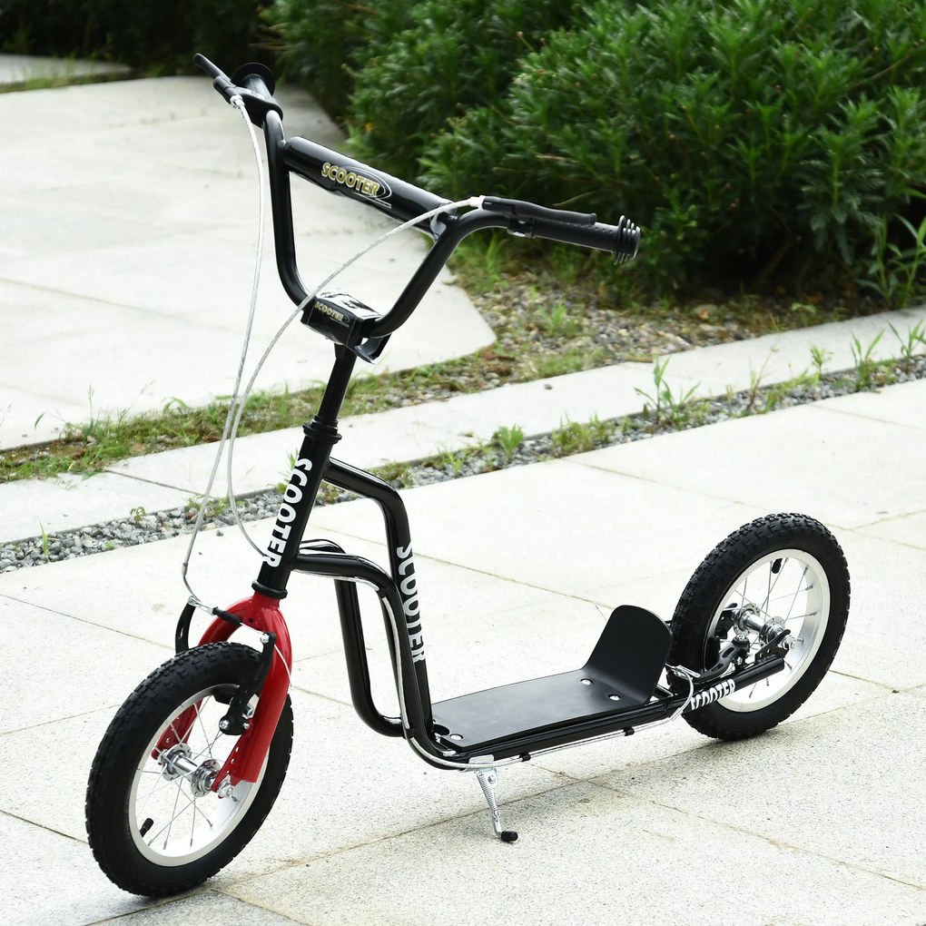 HOMCOM Trotinetă Copii Ghidon Reglabil Scooter Trotinetă Urbană Copii Kickboard cu Roți Gonflabile de 12 Inch pentru Copii de la 5 Ani Negru 120 x 58 x 75-80 cm | Aosom Romania