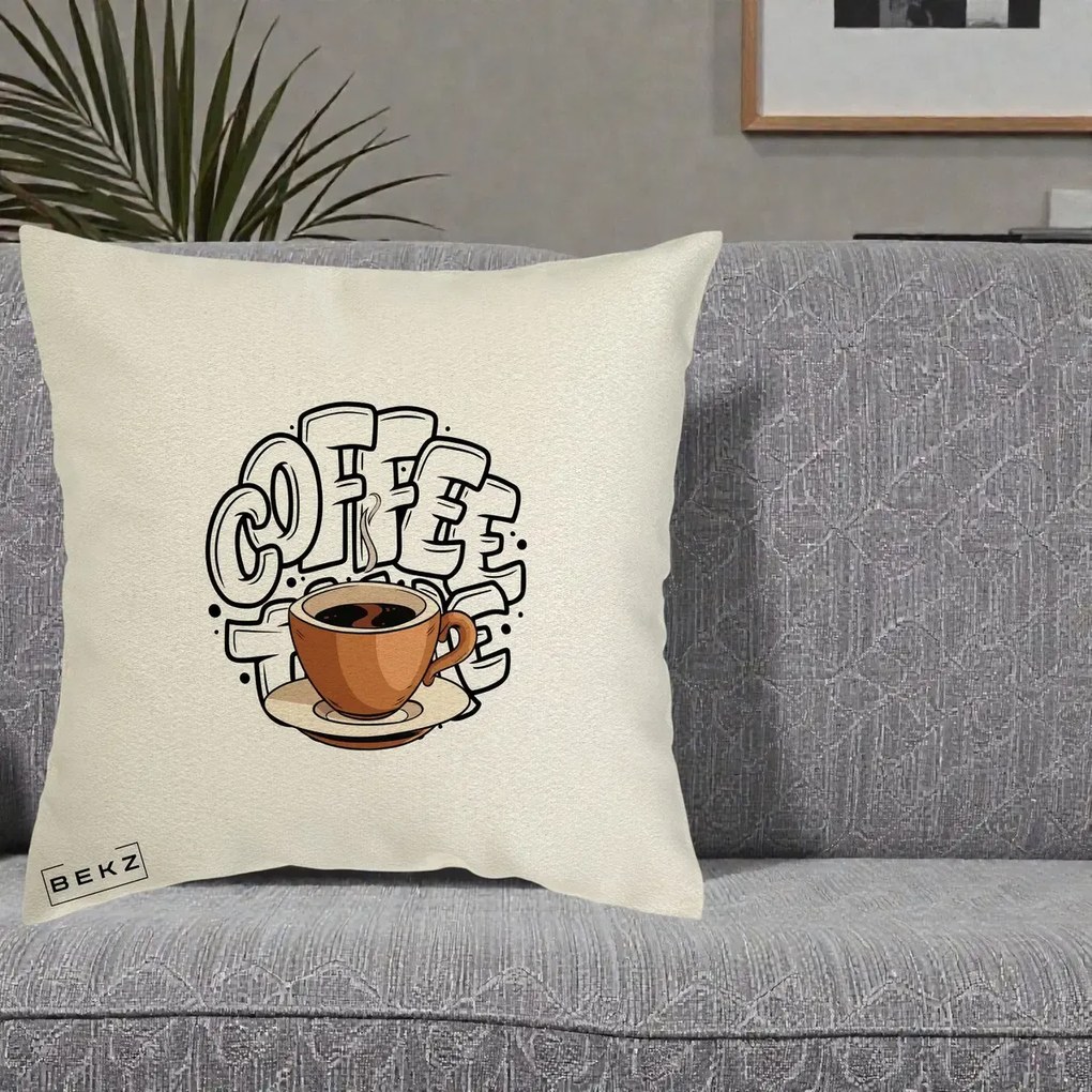 Perna Personalizata COFFEE cu Cana, 40x40 cm, Ecru, Husa Detasabila, Perna Inclusa, BEKZ®