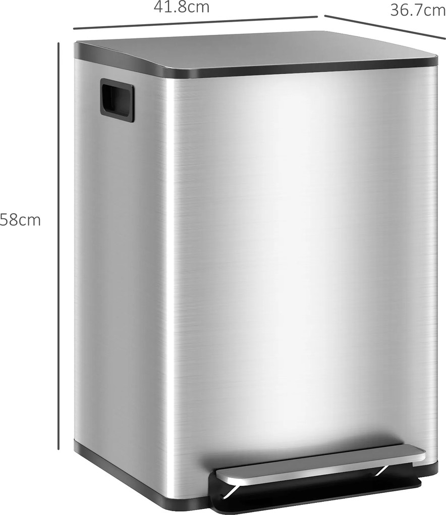 HOMCOM Coș de Gunoi cu 2 Secțiuni, cu Pedală și Capac cu Închidere Lentă, Coș de Deșeuri, 41.8x36.7x58 cm, Argintiu | Aosom Romania