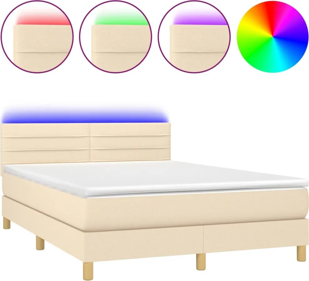 vidaXL Pat cu arcuri, saltea și LED, crem, 140x190 cm, textil