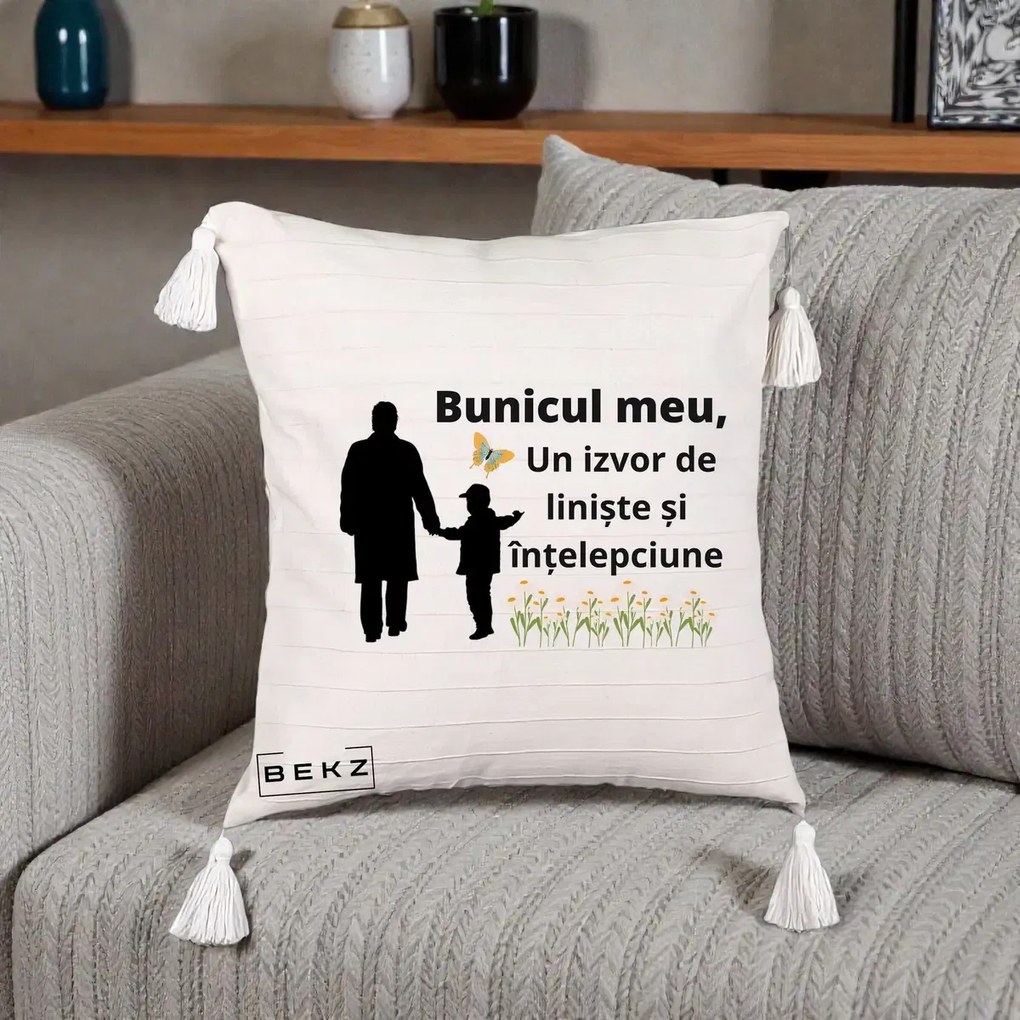 Cadou pentru Bunic - Perna Personalizata Bunicul Meu Izvor de Liniste cu Fluture si Baietel, 40x40 cm, Bej cu Franjuri, Husa Detasabila, Perna Inclusa, BEKZ®