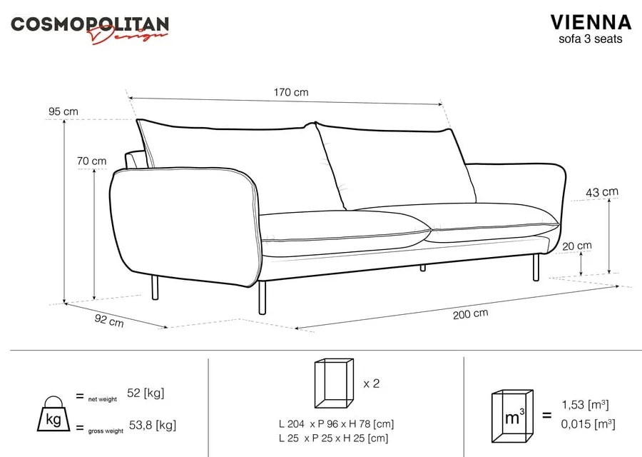 Canapea albastru-deschis cu tapițerie din catifea 200 cm Vienna – Cosmopolitan Design