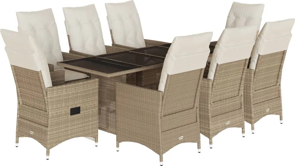 vidaXL Set de masă pentru grădină, 9 piese, cu perne, bej, poliratan