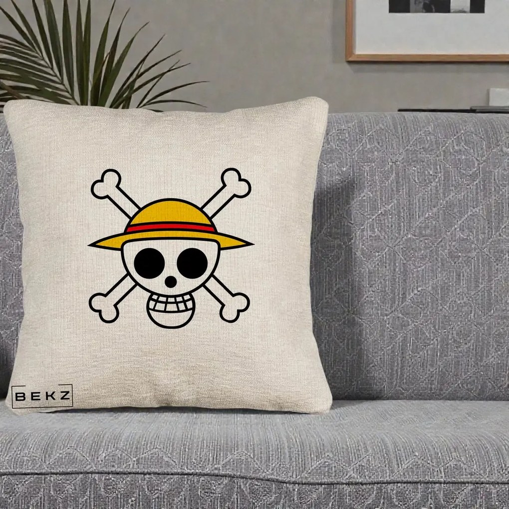 Perna Personalizata One Piece Jolly Roger Straw Hat Pirates, 40x40 cm, Bej Canapea, Husa Detasabila, Perna Inclusa, BEKZ®