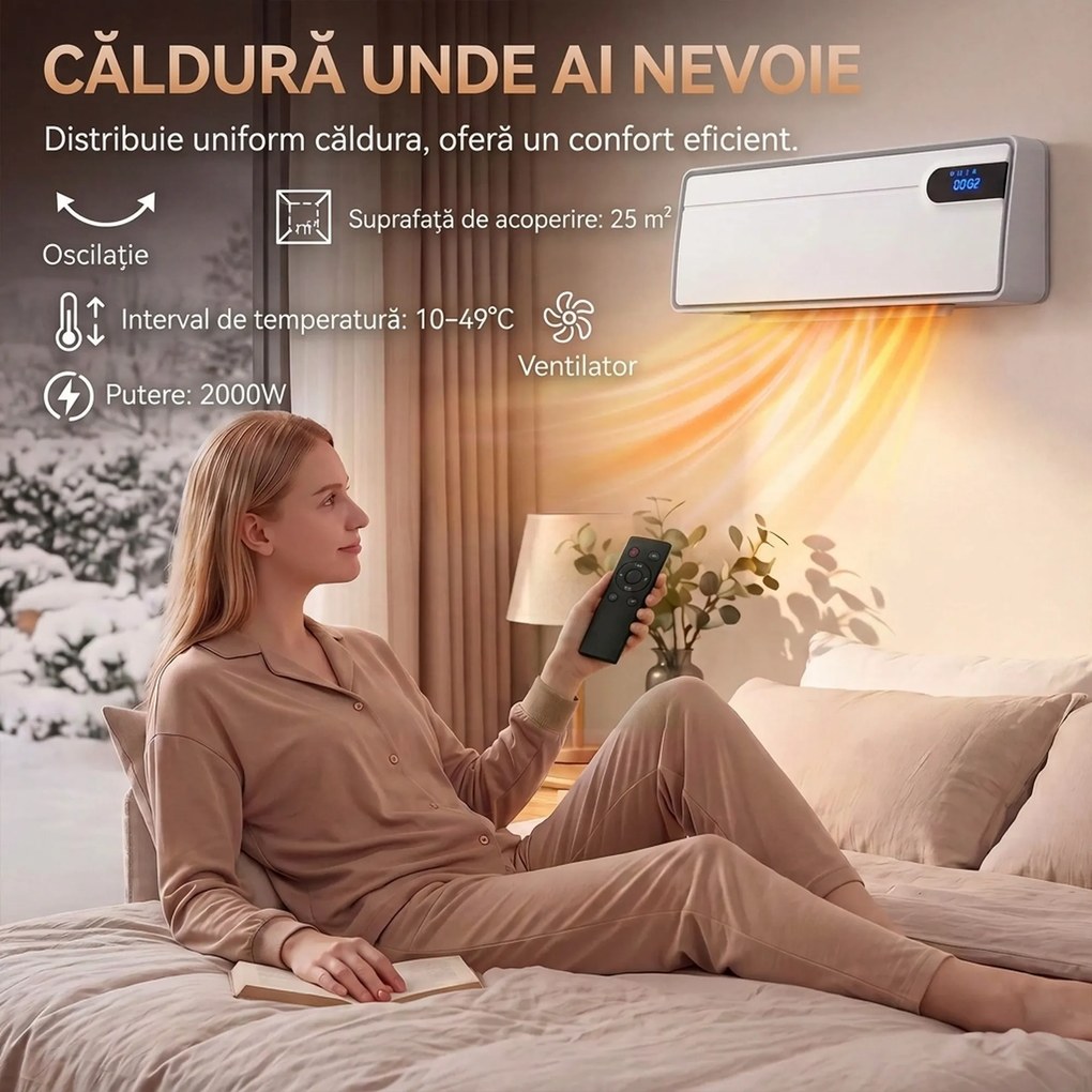 HOMCOM Aerotermă de perete ceramică 2000W cu telecomandă și WiFi, alb | Aosom Romania