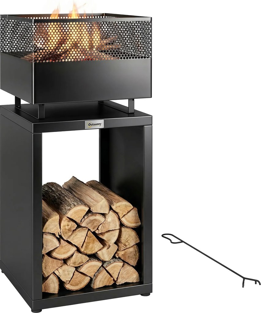 Outsunny Cuva pentru foc 39 x 39 x 87 cm șemineu cu depozit pentru lemne grilaj pentru cărbune picioare reglabile, Schwarz | Aosom Romania