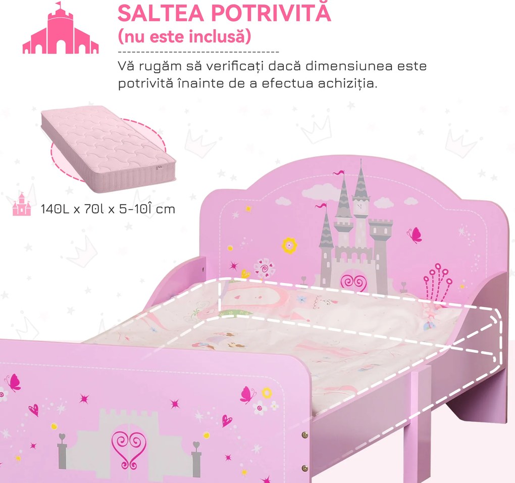HOMCOM Pat Copii Design Sigur cu Margini Rotunjite și Sine Laterale, 3-6 Ani, 143x73x60cm | Aosom Romania