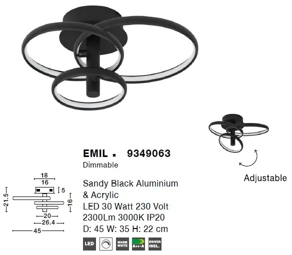 Lustra LED aplicata design modern circular ajustabil EMIL negru NVL-9349063