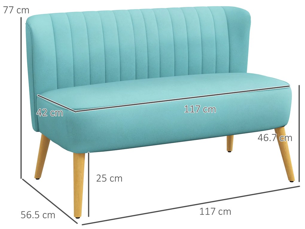 HOMCOM Canapea design retro 2 locuri, picioare din lemn, 117 cm x 56,5 cm x 77 cm, Verde | Aosom Romania