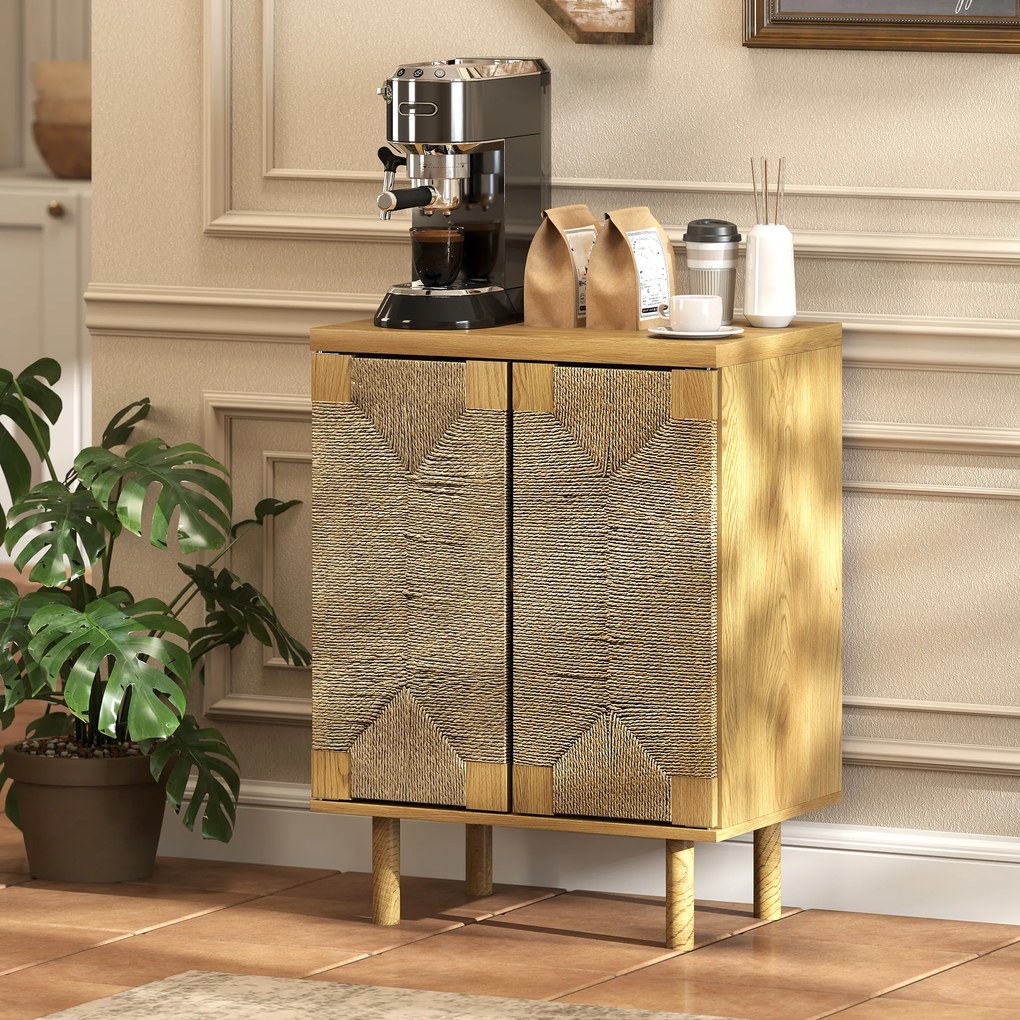 HOMCOM Bufet boem cu 2 uși cu sfoară împletită manual, raft reglabil, deschidere prin apăsare, stejar, 60x40x78 cm | Aosom Romania