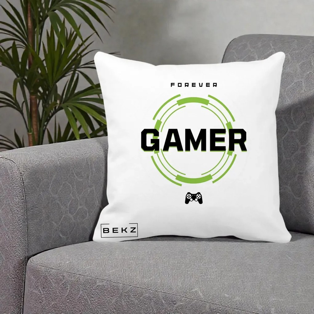 Perna Personalizata Forever Gamer, 40x40 cm, Alba Mata, Husa Detasabila, Perna Inclusa, BEKZ®