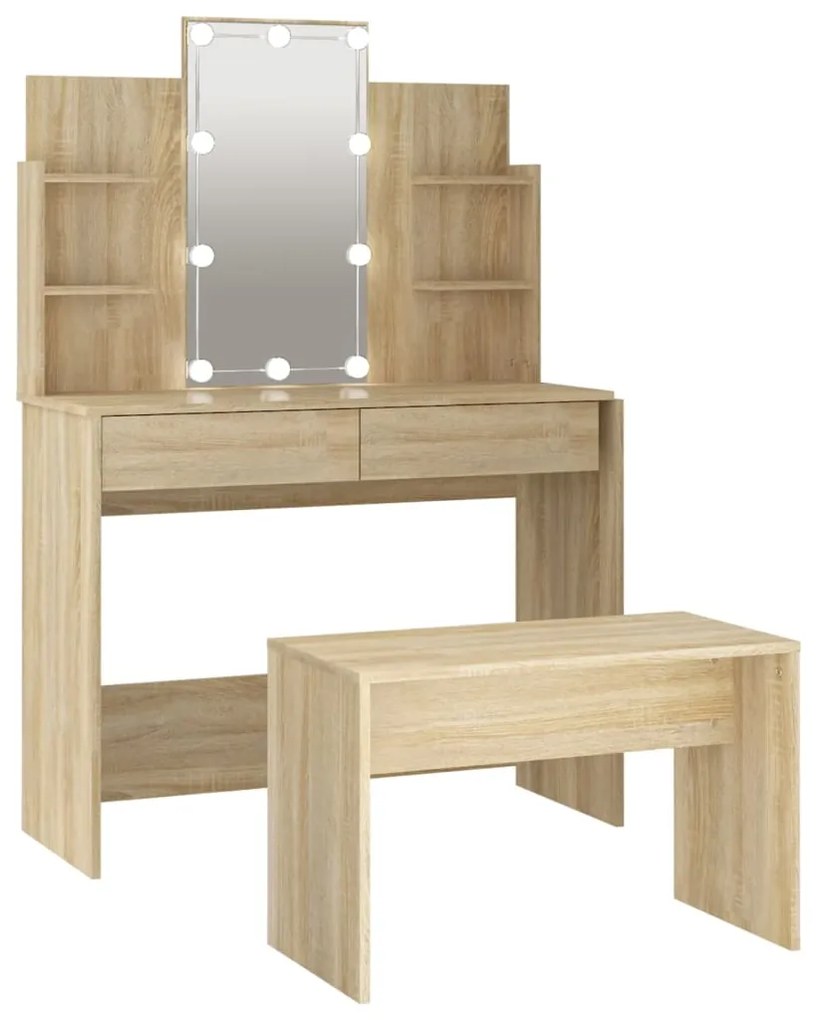 3114125 vidaXL Set de măsuță de toaletă cu LED, stejar sonoma, lemn prelucrat
