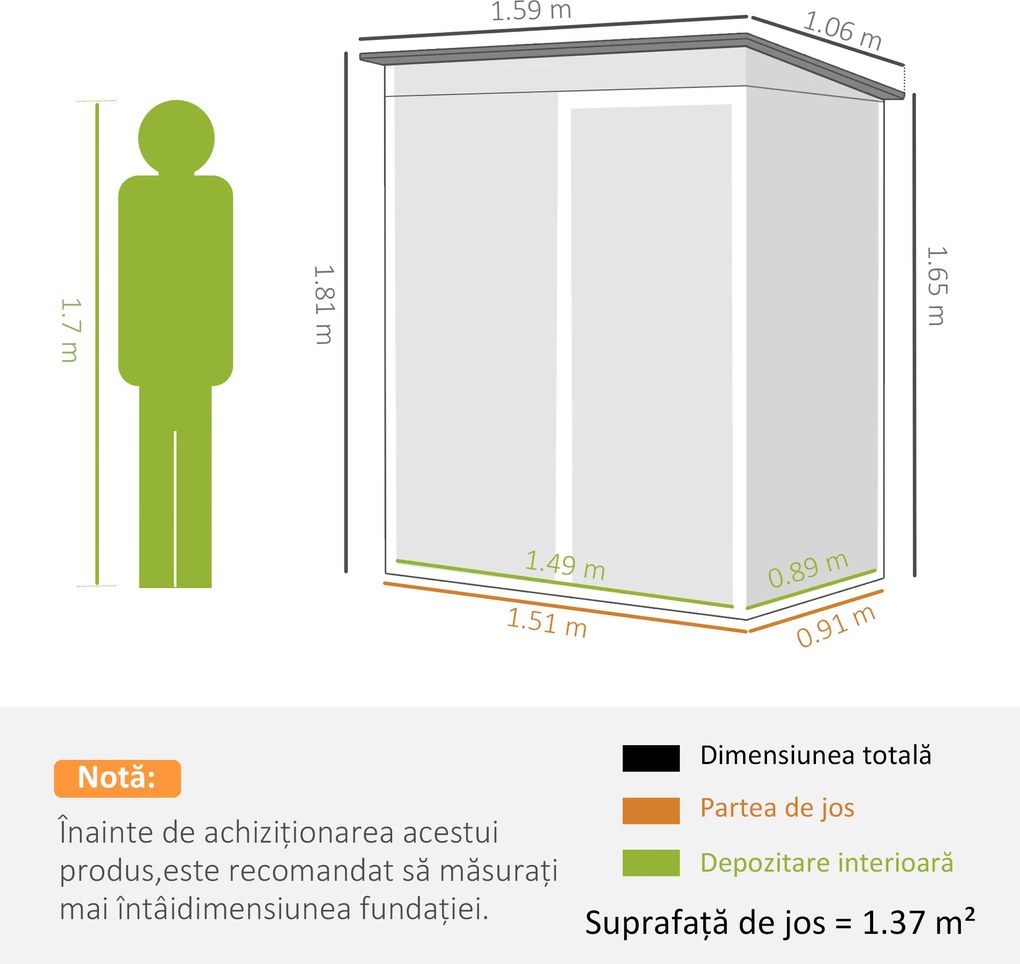 Outsunny Căsuță de Grădină 1.37m² din Metal, Montare Ușoară, Spațiu de Depozitare Unelte Grădină cu Ventilație, Ușă Culisantă, Acoperiș Înclinat și Mănuși, 159x106x181 cm, Verde | Aosom Romania