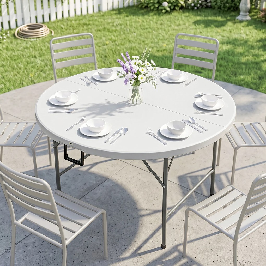 Outsunny Masă Pliabilă de Grădină Φ122 cm, Masă de Picnic Rotundă pentru 6 Persoane, Cadru Metalic, Alb | Aosom Romania