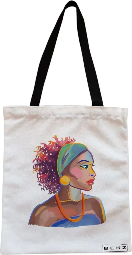 Sacosa de Panza pentru Cumparaturi, Geanta Tote, model Portret Vibrant 4, Cu fermoar, 38x34.5 cm, Alba, BEKZ®