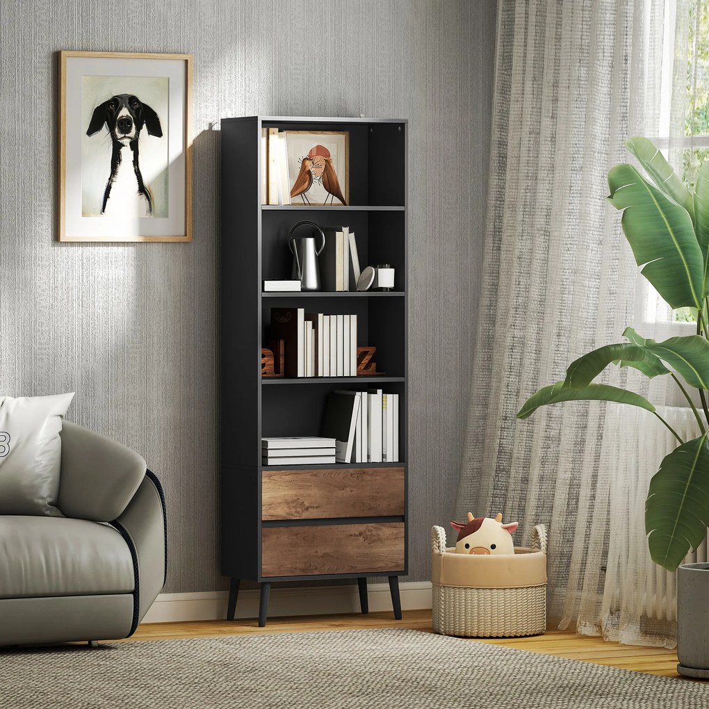 HOMCOM Bibliotecă mobilier de depozitare cu 4 compartimente deschise și 2 sertare, 60 x 30 x 179 cm, gri | Aosom Romania