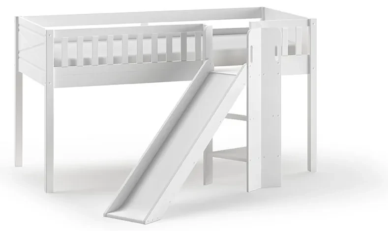 Pat ridicat pentru copii SCOTT, alb, 90 x 200 cm, din pin scandinav și MDF, cu scară frontală, tobogan, perdea de joacă și tunel ASTRO – Vipack