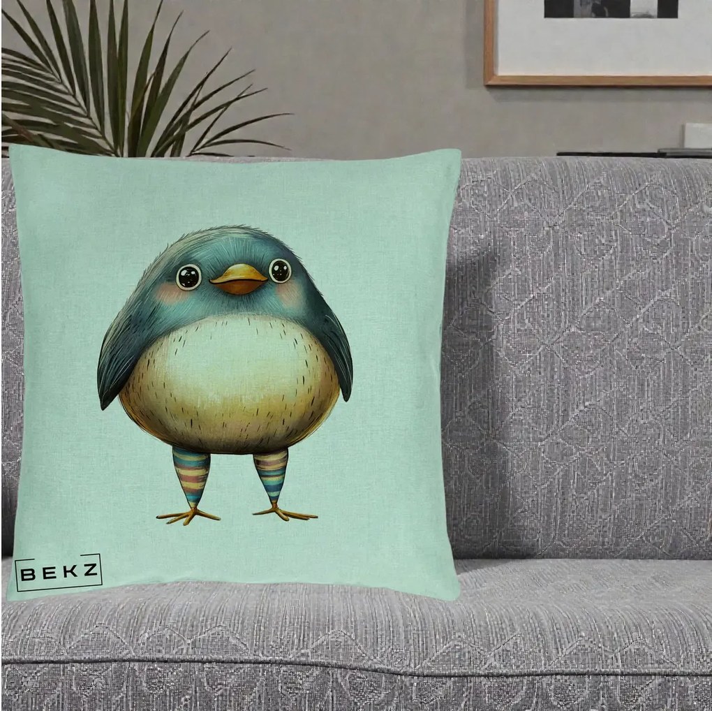 Perna Decorativa Pasare Teal-Bej cu Sosete Curcubeu, 40x40 cm, Verde Menta, Husa Detasabila, Perna Inclusa, BEKZ®