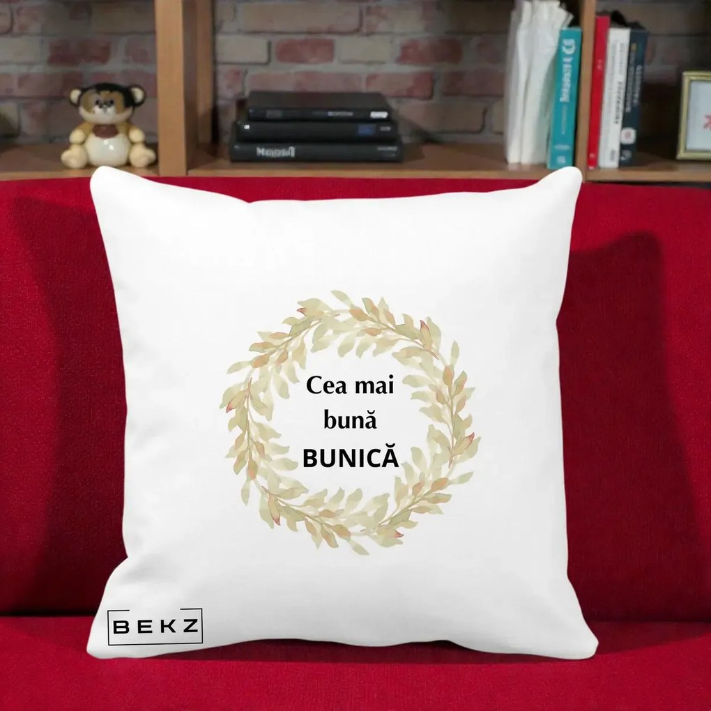 Cadou pentru Bunica - Perna Personalizata Cea Mai Buna Bunica Coronita Frunze Acuarela, 40x40 cm, Alba Mata, Husa Detasabila, Perna Inclusa, BEKZ®
