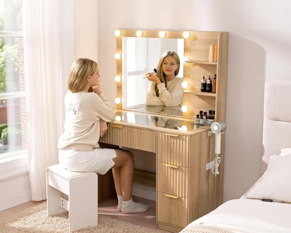 Masuta machiaj 92 cm, Alba sau Maro cu Oglinda LED si 4 Sertare pentru Cosmetice, Set Masa toaleta cu 2 Prize, USB si USB-C, masuta cosmetica, vanity