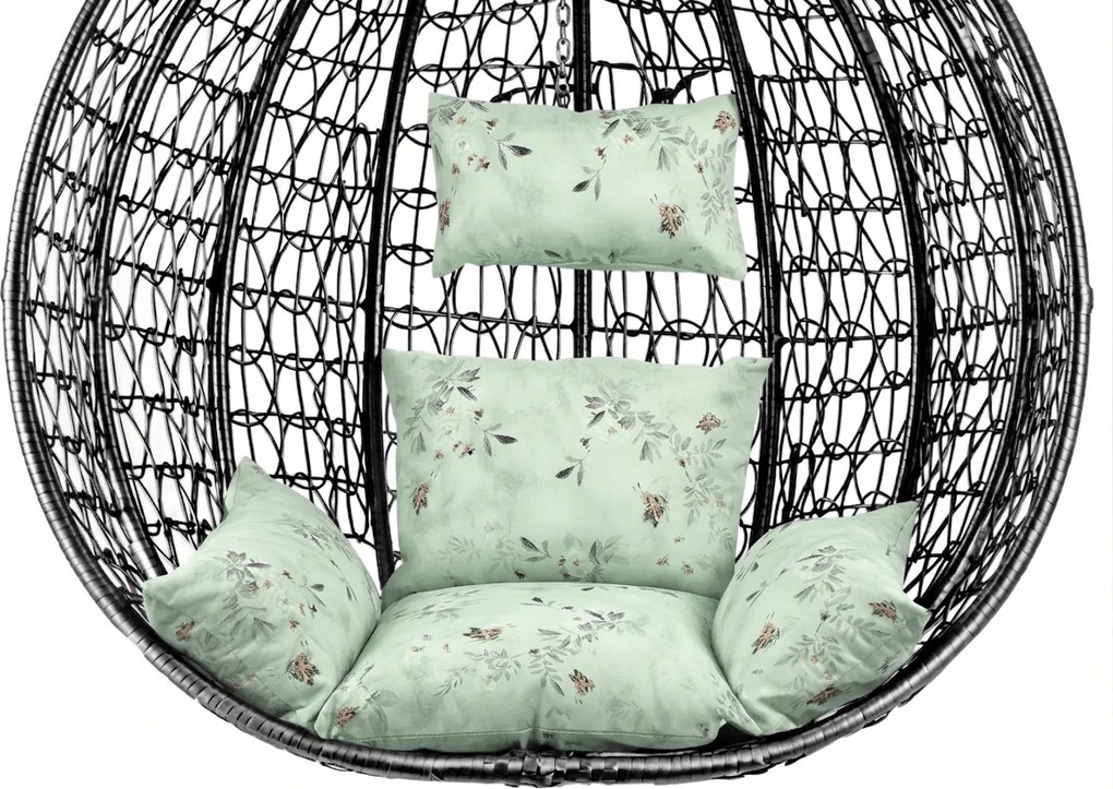 Scaun balansoar suspendat KOKON negru fara suport, perna verde deschis cu model