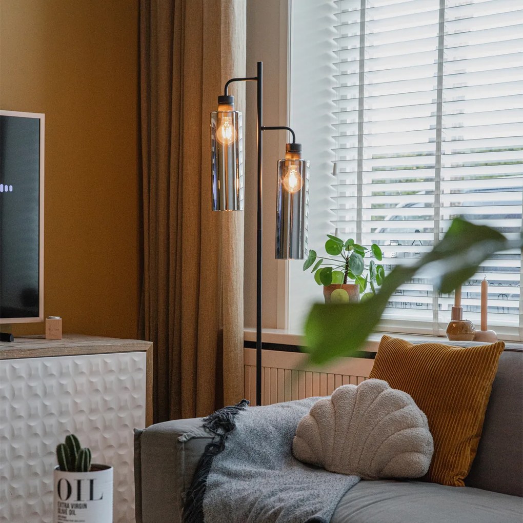 Lampa de podea moderna neagra cu sticla fumurie cu 2 lumini - Stavelot