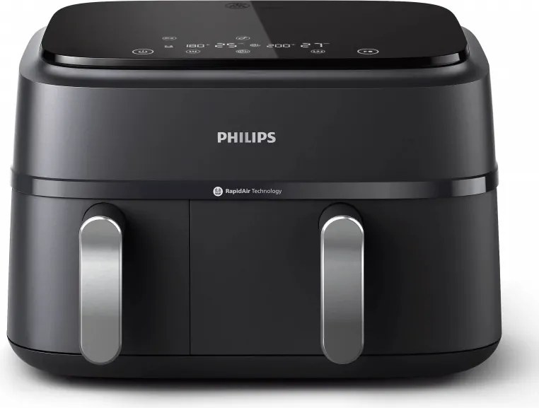 Friteuza dubla cu aer cald Philips NA351/00, 2750 W, 6+3 l, 80-200°C, 1,5 kg, 8 programe, Ecran tactil, Copiere si sincronizare, Negru/Argintiu