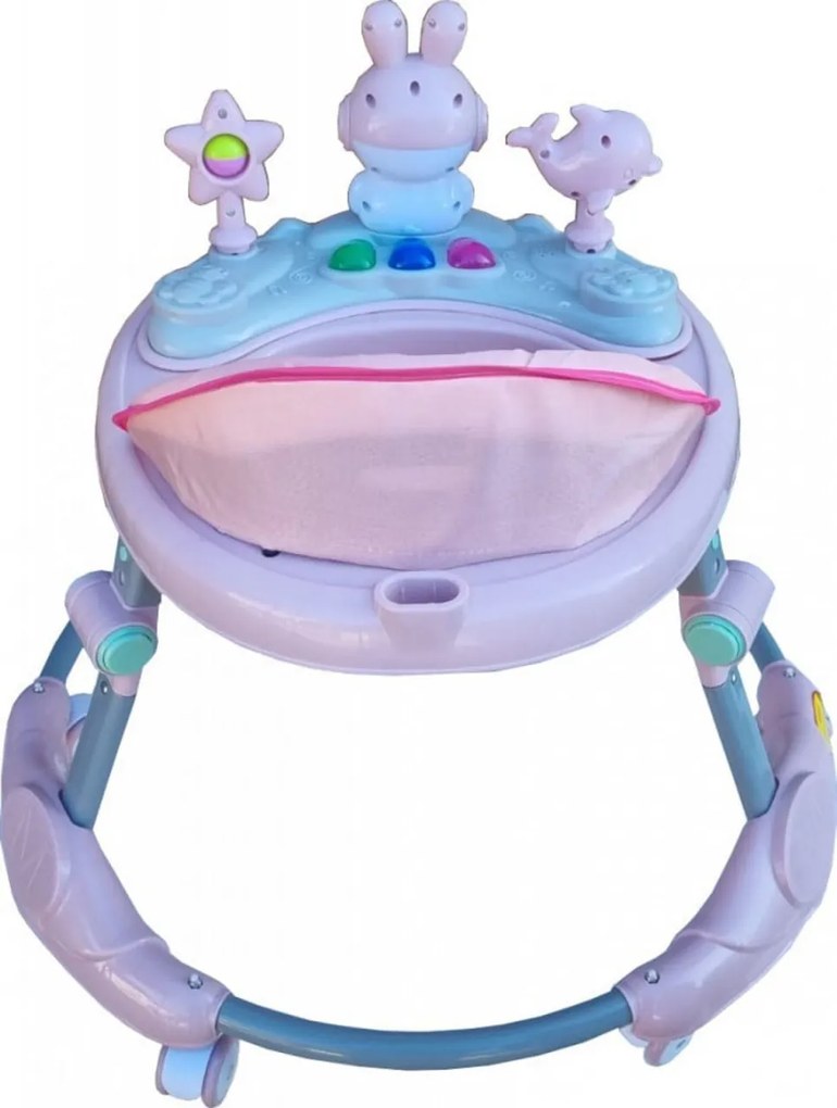Premergator reglabil in 6 trepte de inaltime NOVOKIDS™ Happy Bunny, Cu melodii si lumini, Pliabil, Max 20 kg, Roti silentioase, Model Iepuras, Roz