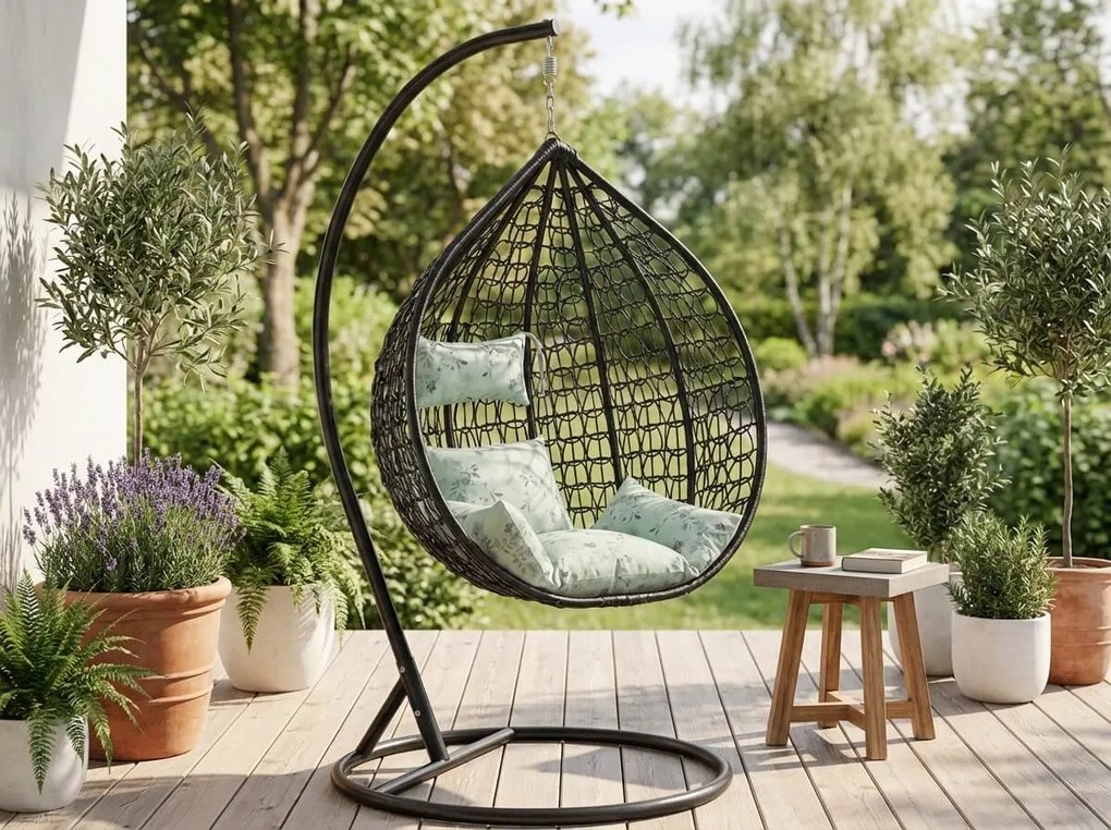 Scaun suspendat negru KOKON cu suport, perna verde deschis cu model