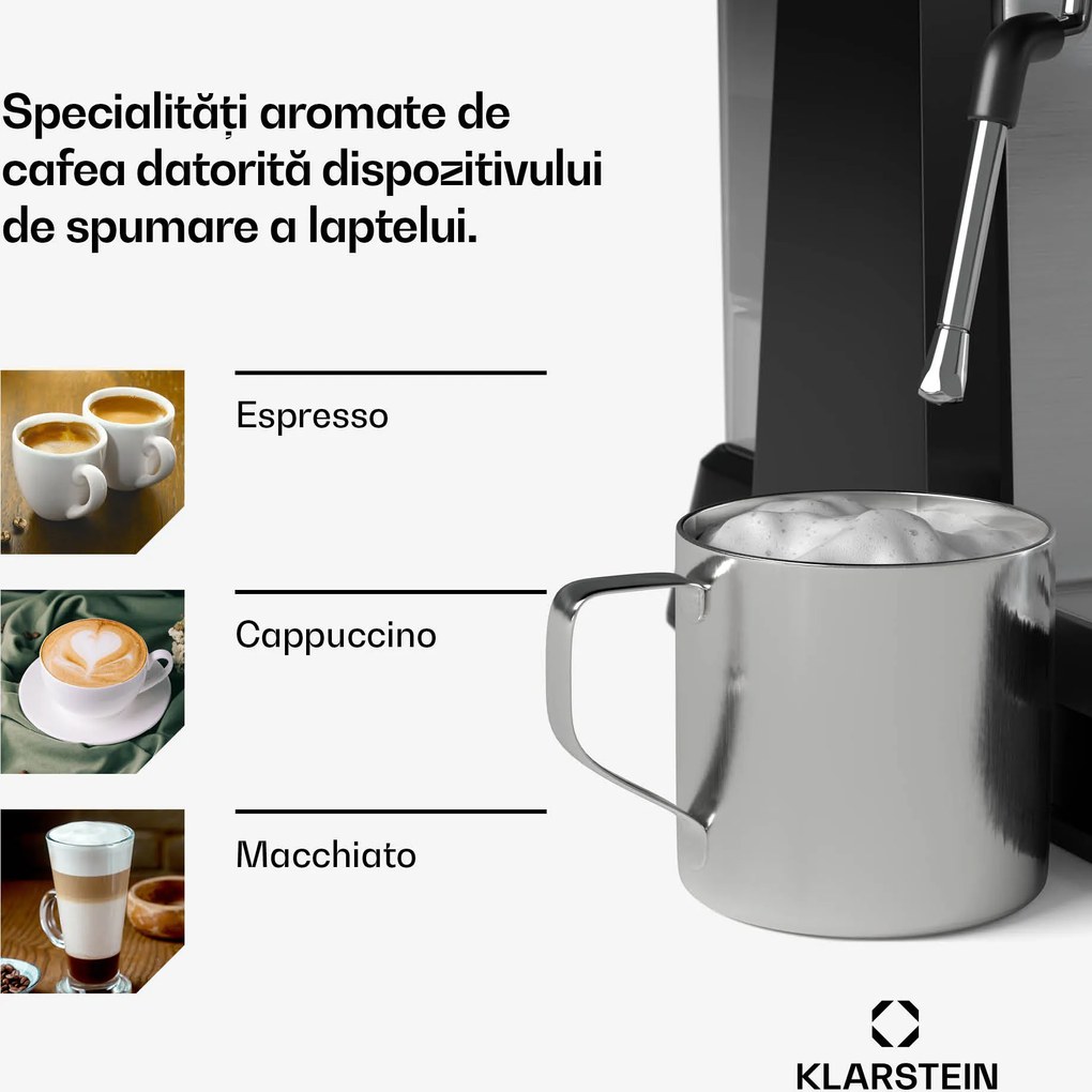 Klarstein Espressor GrandPresso, râșniță de precizie, duză de abur, portafiltru, indicator de presiune, 20 bar.