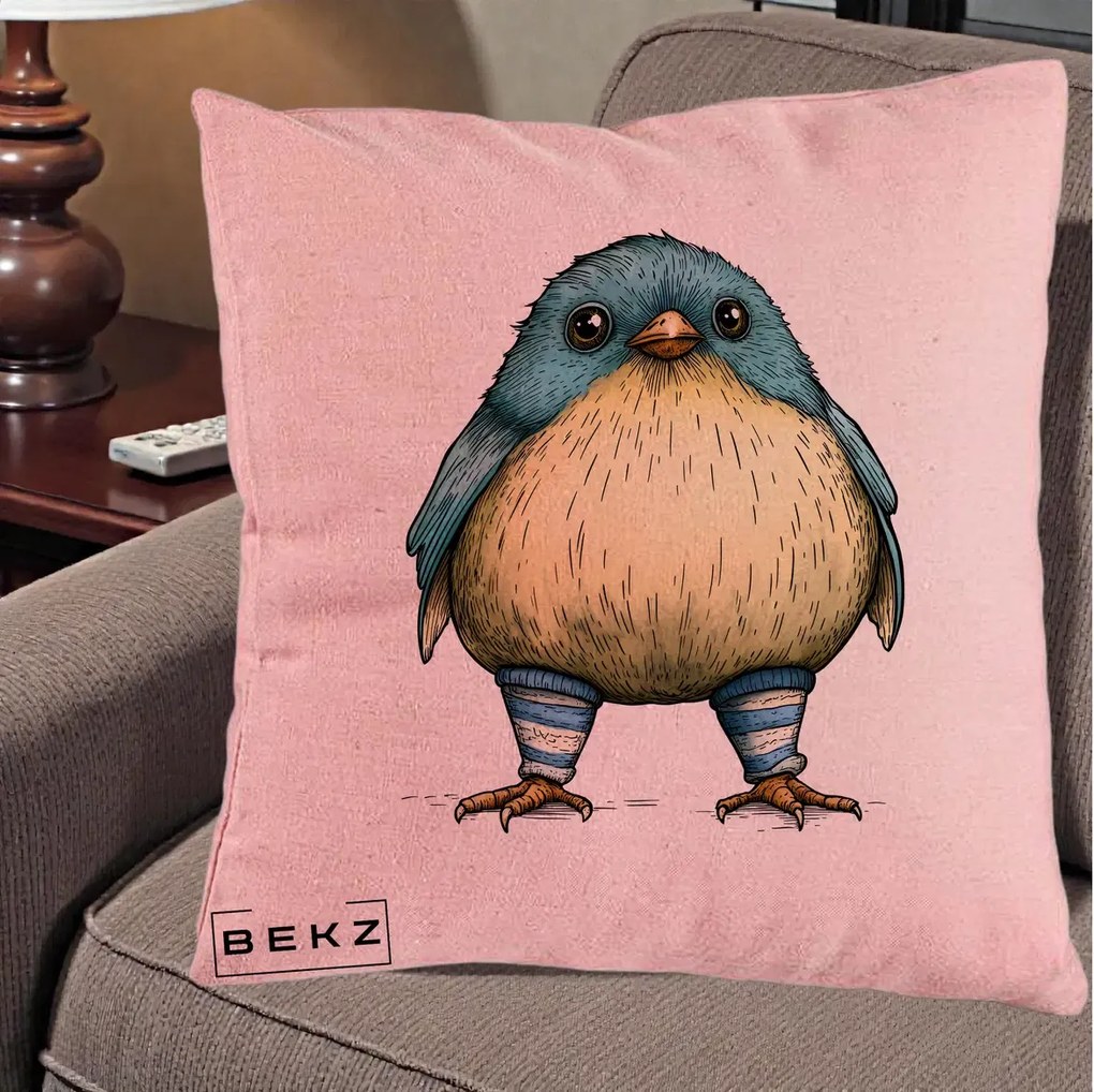 Perna Decorativa Pasare Albastra cu Sosete Albastre, 40x40 cm, Roz, Husa Detasabila, Perna Inclusa, BEKZ®
