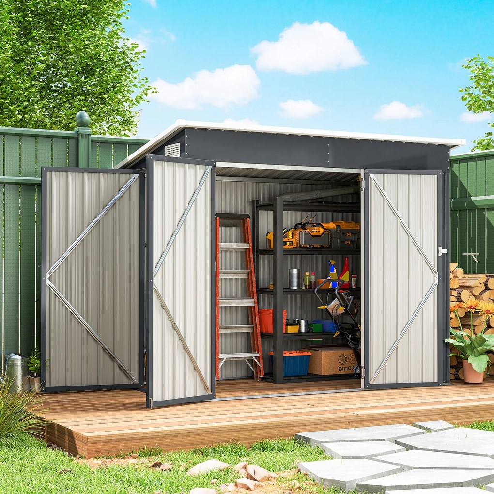 Outsunny Șopron de Grădină 2.68m² din Oțel Galvanizat cu 3 Uși Blocabile, Șopron cu Guri de Aerisire, Acoperiș Înclinat și Mănuși, Depozitare Unelte, 234x132x185 cm, Gri Închis | Aosom Romania