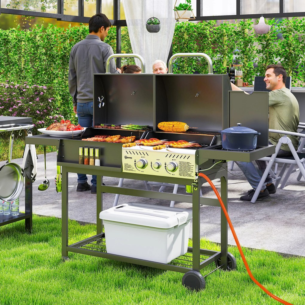 Outsunny Grill Gaz-Cărbune, 3 Arzătoare 7kW, Negru | Aosom Romania