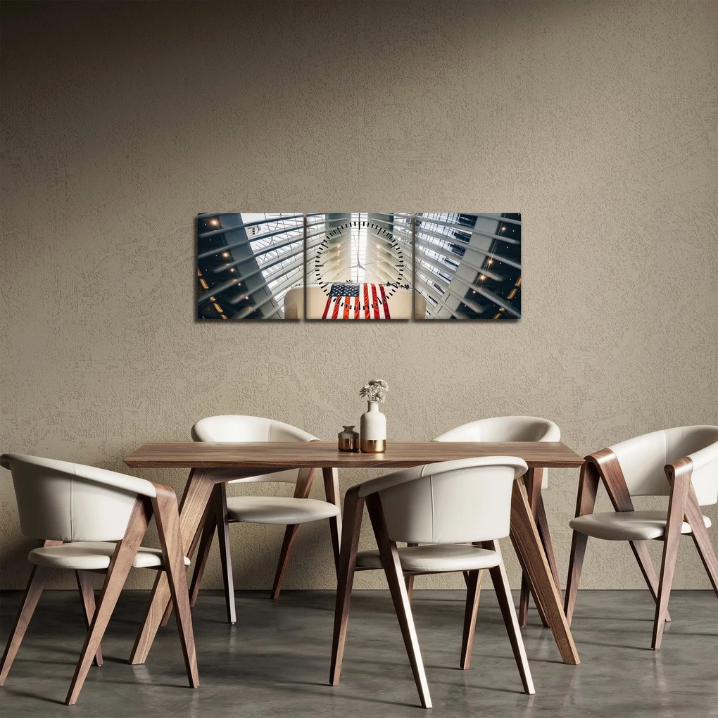 Tablou unei construcții cu steagul SUA (cu ceas) (90x30 cm)