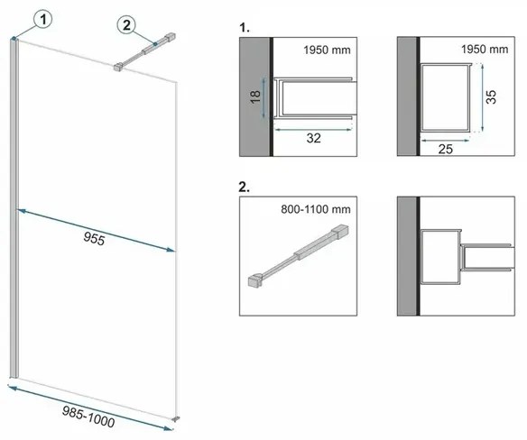 Paravan de dus tip Walk-in Rea Aero 100x195 cm si etajera cu suport negru