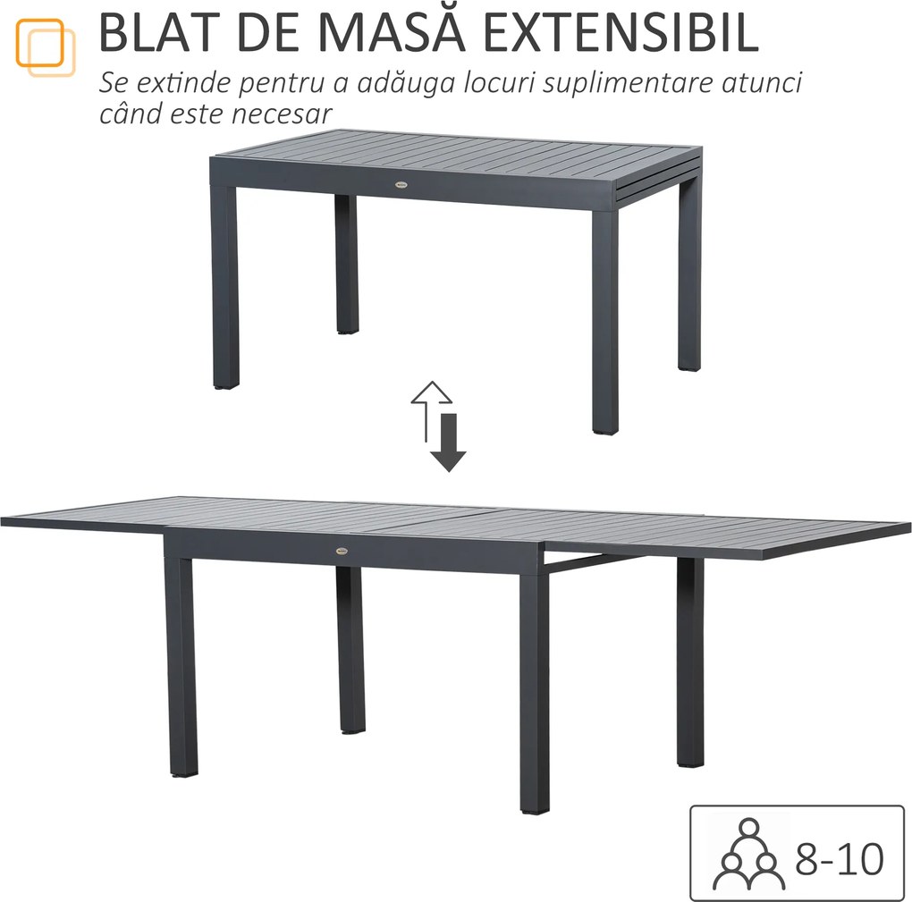 Masa de Gradina Extensibila Outsunny pentru 8-10 Persoane cu Structura din Aluminiu, 135-270x90x75cm, Gri | Aosom Romania