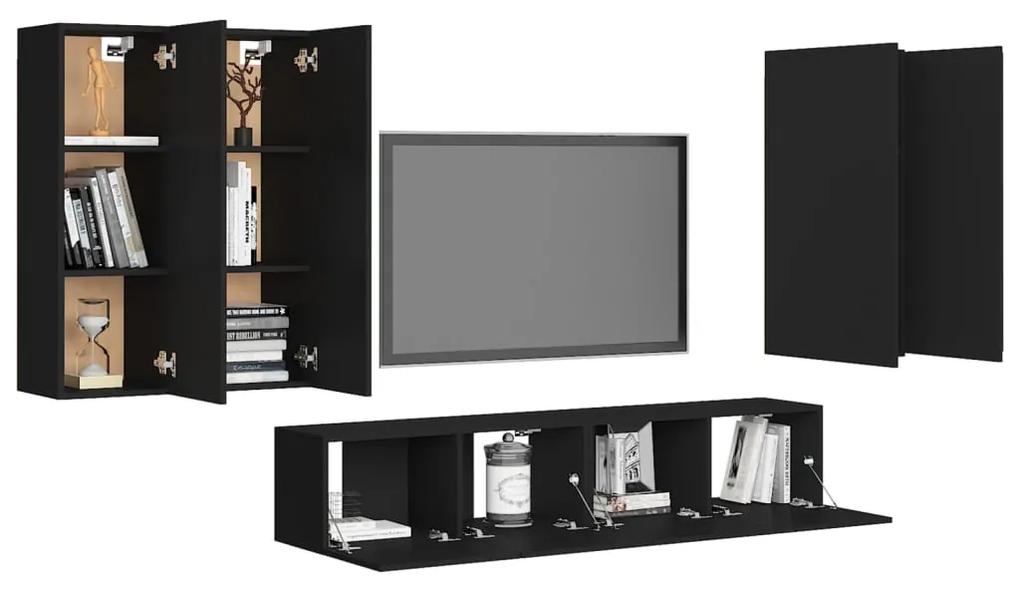 Set comode TV, 6 piese, negru, PAL Negru, 30.5 x 30 x 90 cm, 6