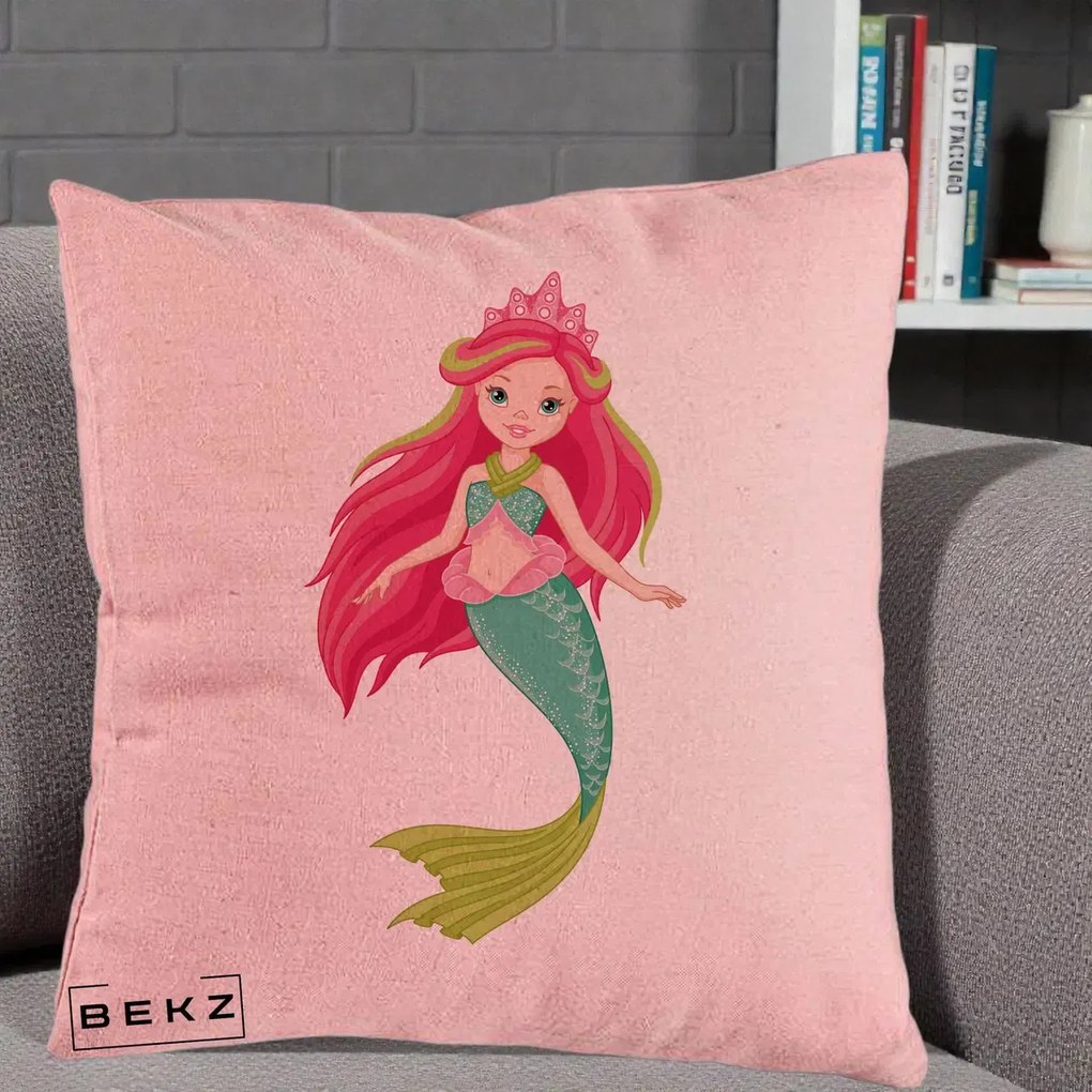 Perna Decorativa Sirena Roz cu Coroana, 40x40 cm, Roz, Husa Detasabila, Perna Inclusa, BEKZ®