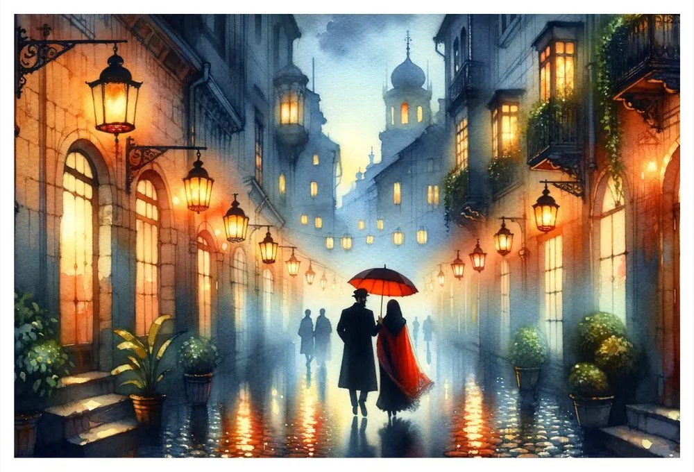 Tablou plimbare romantică prin oraș ploios