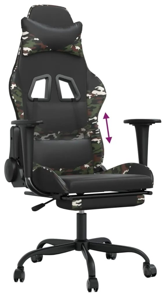 Scaun de gaming cu suport picioare, negru camuflaj, piele eco 1, black and camouflage, Cu suport de picioare